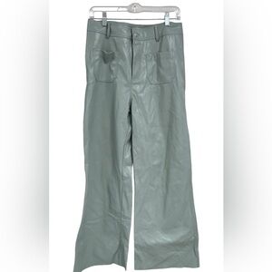 0305 Sage Green Faux Leather Wide Leg Pants – High Waist Minimalist Street Style